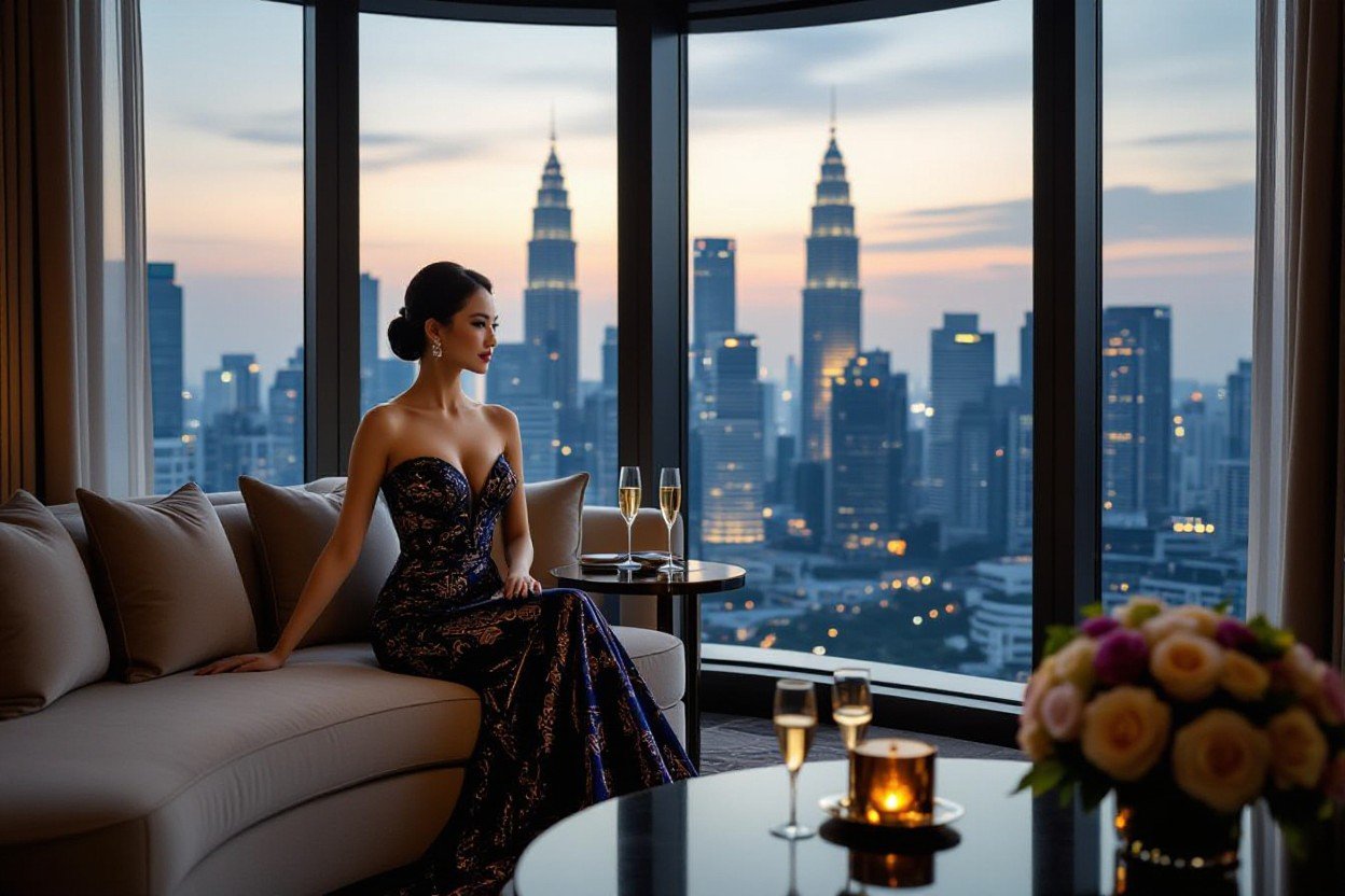 Elegant woman in a luxury Kuala Lumpur hotel suite, overlooking the Petronas Towers at sunset.