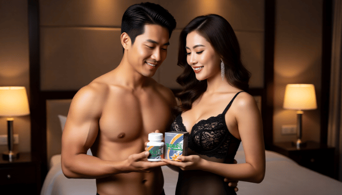 Couple holding male enhancement supplements. Man is shirtless, woman is in lingerie.