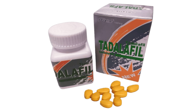 Tadalafil pills, bottle, and box. Text: Tadalafil.