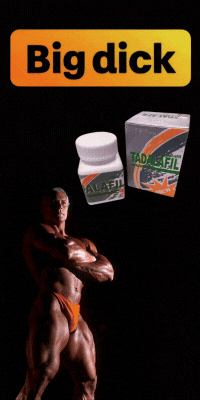 Tadalafil pills for male enhancement, alongside a bodybuilder. Text: Big dick.