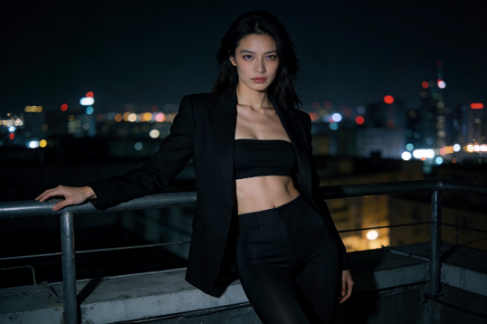 Elegant Asian woman in black suit against city nightscape.
