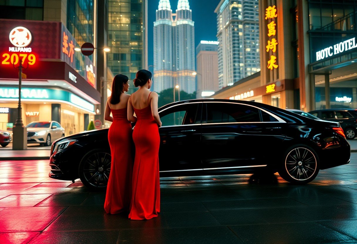 Two women in red dresses stand near a black car with Kuala Lumpur skyline in the background.