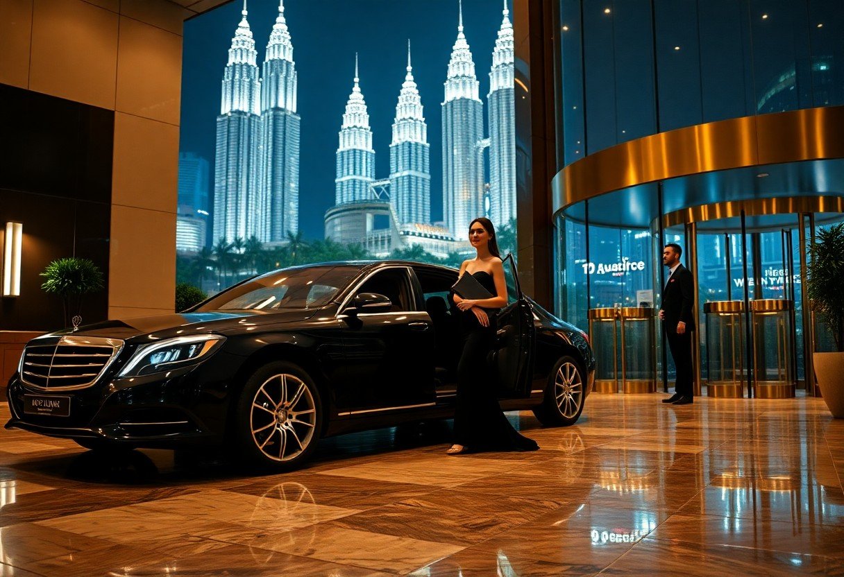 Elegant woman in evening gown by Mercedes-Benz with Petronas Towers in Kuala Lumpur at night.