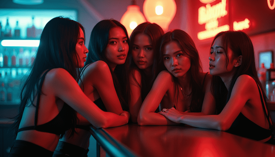 Five women in dark tops pose at a bar with red and blue lighting