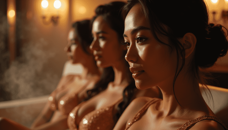 Three women in shimmering gold dresses reflected in a mirror, elegant evening wear