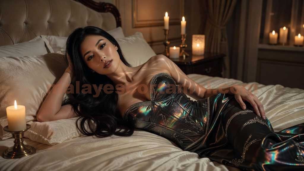 Woman in a shimmering dress reclines on a bed with candles.